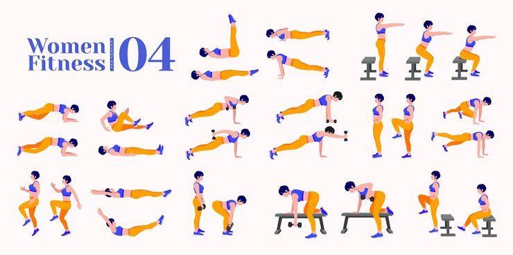 Vector mujeres workout set mujeres haciendo ejercicios de fitness y yoga