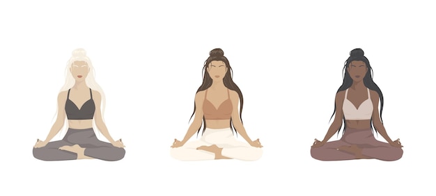 Mujeres en yoga posan loto de diferentes nacionalidades y colores de piel en estilo sin rostro