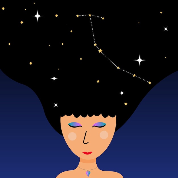 Vector mujeres zodiacales con cabello negro y estrellas