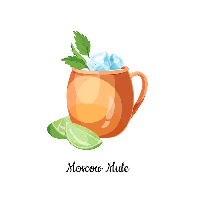 Mula de Moscú cóctel hecho con vodka, cerveza de jengibre, adornado con una rodaja de limón. Cóctel clásico de mula de Moscú en estilo de dibujos animados para menú, tarjetas de cóctel, icono aislado.