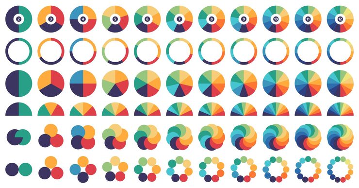 Vector multicolored circular diagrams segmented pie chart and donut infographic graphs gauge layouts overlapping and interconnected circles for data visualization and business presentation vector set