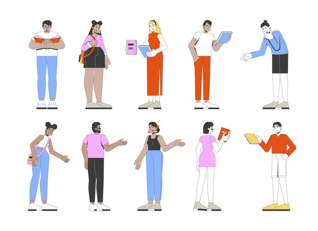 Multicultural young adults standing and engaged with books 2D cartoon characters set