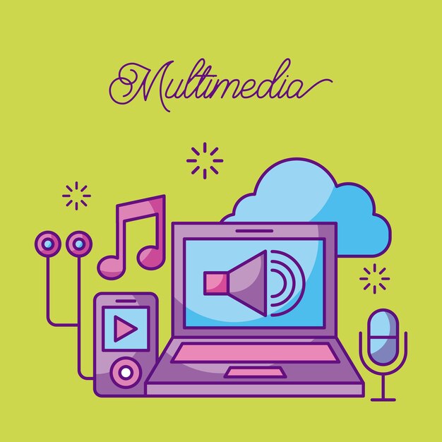 Vector multimedia portátil mp3 micrófono música sonido volumen nube