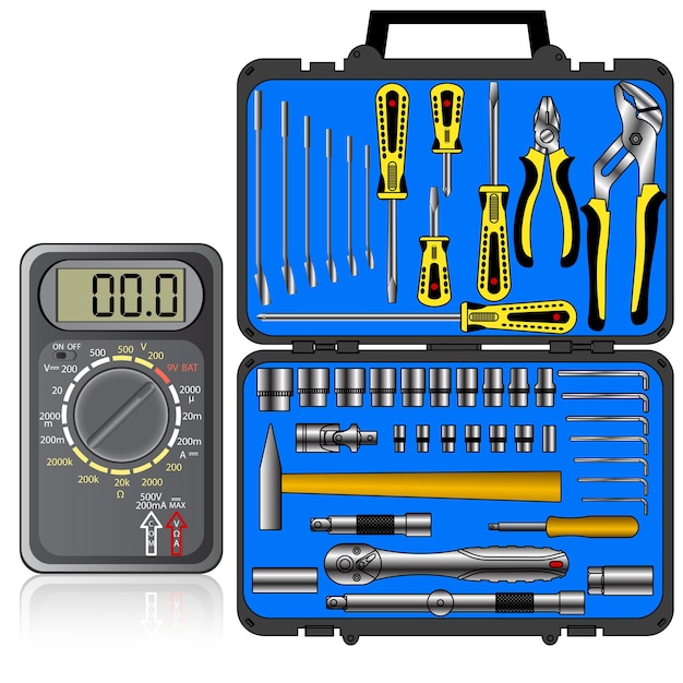 Multímetro de color negro y conjunto de diferentes herramientas en un vector de caja