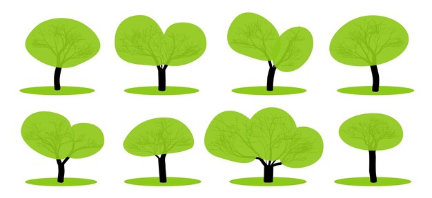 Múltiples árboles estilizados de varias formas con follaje verde brillante y troncos oscuros en un blanco