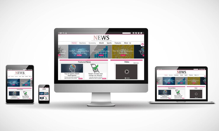 Vector múltiples dispositivos con sitio web de noticias de negocios en internet