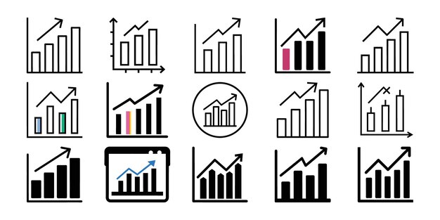 Múltiples iconos de gráficos de barras en blanco y negro muestran un aumento del rendimiento y tendencias en aumento