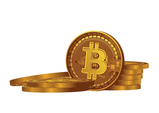 Múltiples monedas de oro bitcoin apiladas y dispersas en el diseño de circuitos digitales representan tecnología de moneda electrónica para transacciones seguras en fondo blanco Concepto financiero