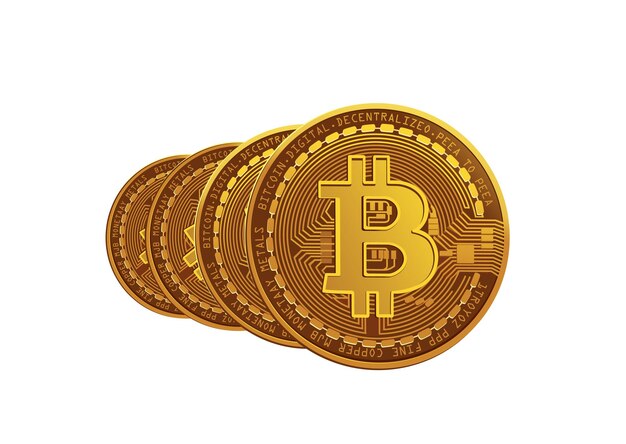 Múltiples monedas de oro de bitcoin dispuestas en filas superpuestas ilustran el crecimiento y la tecnología de la moneda digital en un fondo blanco.