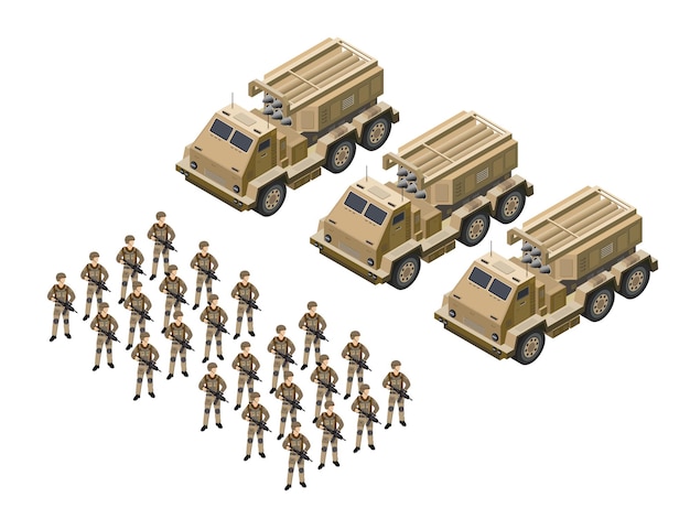 Múltiples sistemas de lanzamiento de cohetes vehículos del ejército ilustración vectorial 3d