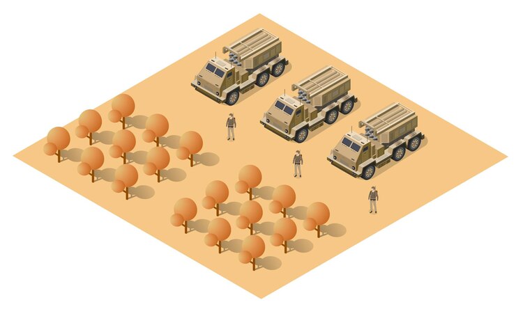 Vector múltiples sistemas de lanzamiento de cohetes vehículos del ejército ilustración vectorial 3d
