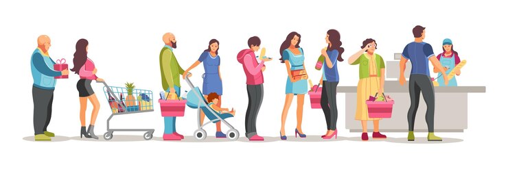 Vector multitud de compras gente esperando en una larga cola en el supermercado cola abarrotada al cajero cajero golpea mercancías en la caja ilustración de vector de dibujos animados de servicio al cliente
