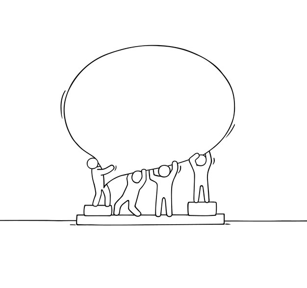 Multitud de gente trabajadora con bocadillo. Doodle linda escena en miniatura con mensaje vacío. Ilustración de dibujos animados dibujados a mano para el diseño de internet.