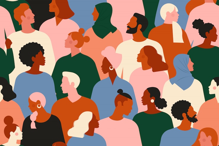 Vector multitud de hombres y mujeres jóvenes y ancianos en ropa hipster de moda.