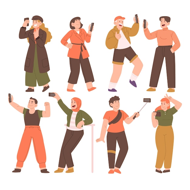 Vector multitud de hombres y mujeres jóvenes sosteniendo teléfonos inteligentes y tomando selfie. grupo, de, macho y hembra, caricatura