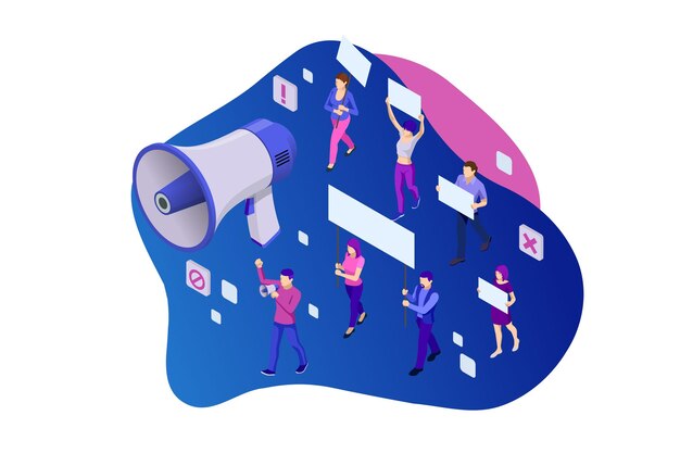 Multitud isométrica de manifestantes. Manifestantes o activistas masculinos y femeninos. Sosteniendo pancartas y pancartas. Hombres y mujeres que participan en reuniones políticas, desfiles o manifestaciones. ilustración vectorial