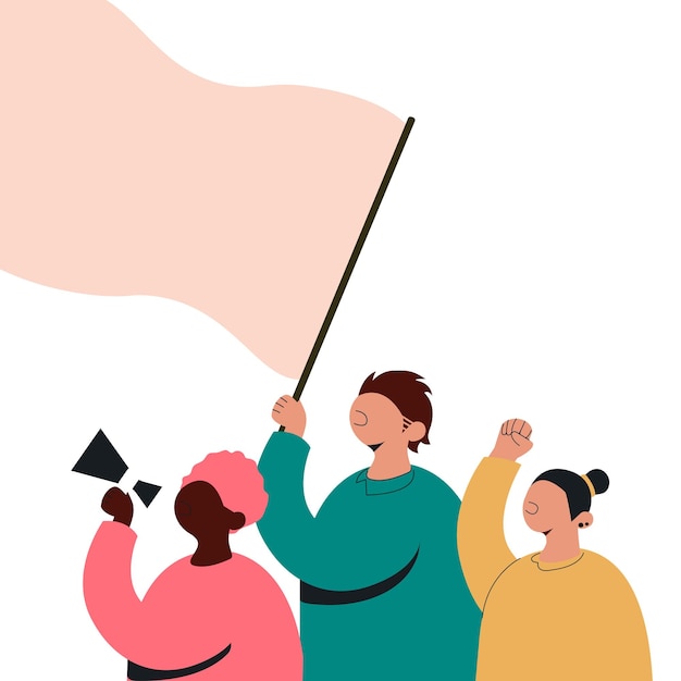 Multitud de manifestantes con puño levantado y megáfono y bandera en lugar de demostración para texto Ilustración vectorial
