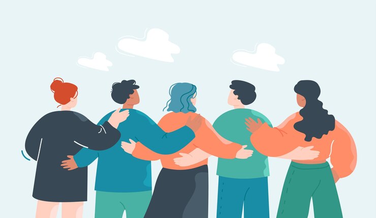 Vector multitud de miembros del equipo de dibujos animados abrazándose por detrás. vista posterior de la ilustración de vector plano de comunidad de lugar de trabajo. comunicación, diversidad, concepto de trabajo en equipo para banner, diseño de sitios web o página web de destino