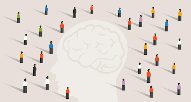 multitud mucha gente grupo con gran cabeza mente pensando juntos inteligencia sabiduría cerebro cuidado de la salud