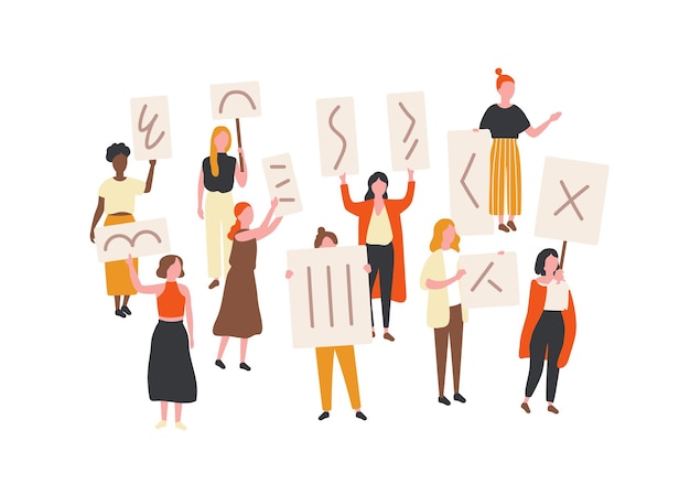 Multitud de mujeres que protestaban sosteniendo pancartas y pancartas. Activistas del feminismo que participan en manifestaciones, desfiles o manifestaciones políticas masivas. Grupo de manifestantes feministas. Ilustración de vector de dibujos animados plana.