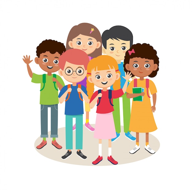 Multitud de niños de la escuela. Niños y niñas multirraciales con conjunto de mochilas. Alumnos sonrientes
