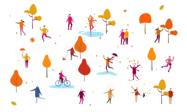 Multitud de pequeñas personas vestidas con ropa de otoño o ropa de abrigo caminando por la calle y realizando actividades al aire libre Grupo de hombres y mujeres aislados en fondo blanco Ilustración vectorial de dibujos animados plana