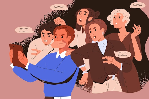 Multitud de personas acosadoras que se entrometen, molestan y dan consejos no solicitados ni solicitados. Mujer empuja a hombre con tableta. Concepto de comentario público entrometido en las redes de medios. Ilustración de dibujos animados de vector plano.
