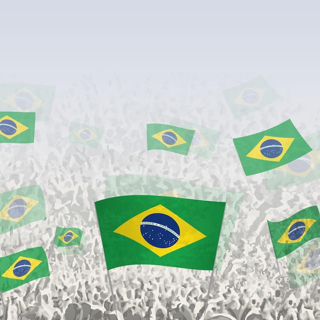 Multitud de personas agitando la bandera de Brasil en la plaza gráfica para redes sociales y noticias