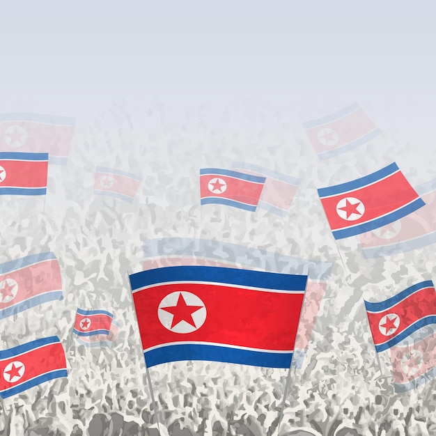 Multitud de personas agitando la bandera de Corea del Norte gráfico cuadrado para redes sociales y noticias