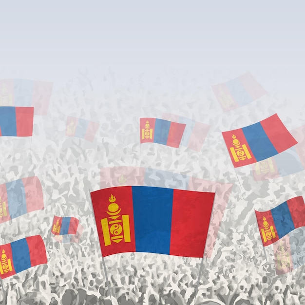 Multitud de personas agitando la bandera de Mongolia cuadrado gráfico para redes sociales y noticias