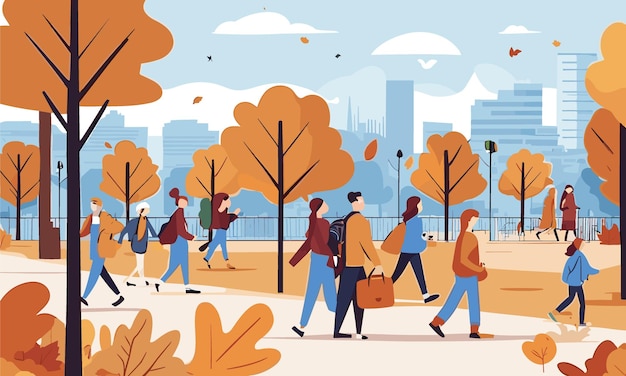 Multitud de personas caminando en la ciudad a la par en otoño, tiempo al aire libre, personajes vectoriales planos en la ciudad
