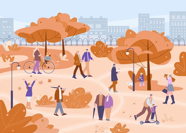 Multitud de personas caminando en el parque de la ciudad Tiempo al aire libre de otoño pareja de mujeres y hombres en la naturaleza urbana Personajes vectoriales positivos de dibujos animados planos en la ciudad Ilustración del estilo de vida del paisaje del parque
