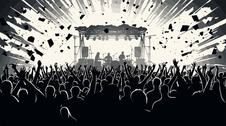 Vector una multitud de personas en un concierto con las palabras la palabra en el escenario