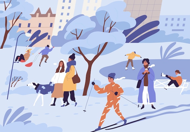 Multitud de personas esquiando, patinando, trineando y caminando en el parque de la ciudad en invierno Paisaje con pista de hielo y árboles en la nieve en clima frío y helado Ilustración vectorial de dibujos animados planos a color