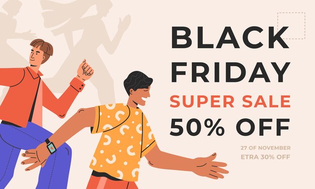 Multitud de personas felices corriendo a una super venta en Black Friday, compras de eventos, oferta especial, plantilla de banner