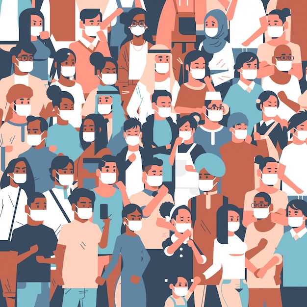 Multitud de personas con máscaras médicas novela coronavirus 2019-nCoV enfermedad epidémica pandemia cuarentena concepto hombres mujeres de pie juntos retrato