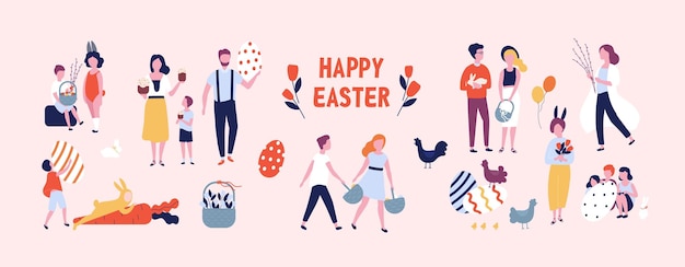 Multitud de personas que llevan grandes huevos de Pascua decorados, pasteles, cestas, flores y ramitas de sauce, niños jugando vestidos con trajes de conejo, dibujos animados planos, ilustraciones vectoriales coloridas.