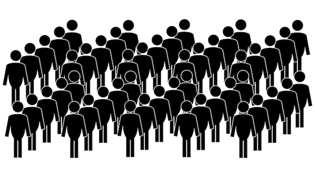 Multitud de siluetas negras de personas en fondo blanco gran cola de personas