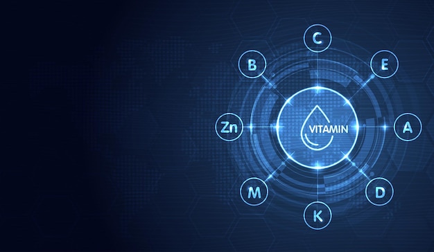 Multivitamina de vitamina C E A D K M Zn y B inspiración proteger el cuerpo y mantenerse saludable vitaminas icono concepto suplemento alimenticio natural publicidad ilustración diseño vectorial