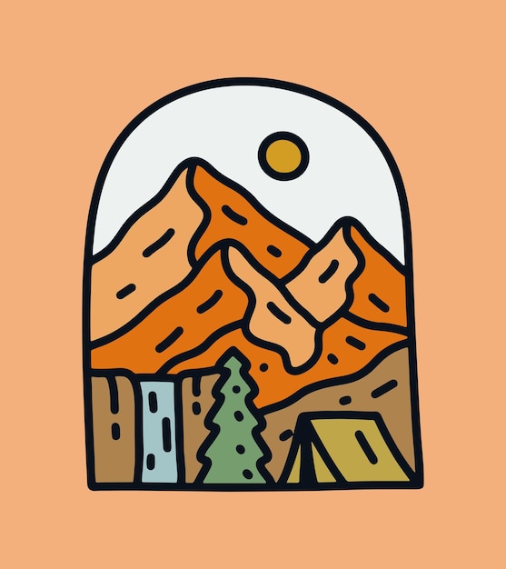 Multnomah Falls Waterfall Oregon diseño de ilustración vectorial de línea mono para pegatina de insignia de camiseta, etc.