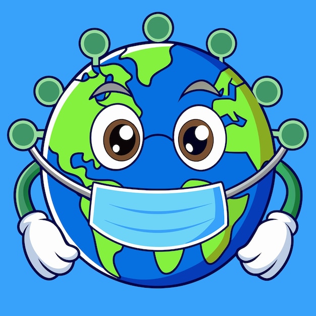 El mundo asusta el virus Corona Icon Vector Ilustración Corona Mascota Caricatura Personaje Icon del mundo Concepto de dibujos animados plano aislado blanco adecuado para página de aterrizaje web Banner Flyer Sticker Card