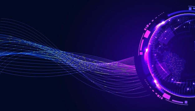 mundo colorido y luz de neón púrpura y azul onda en el círculo digital y tecnología