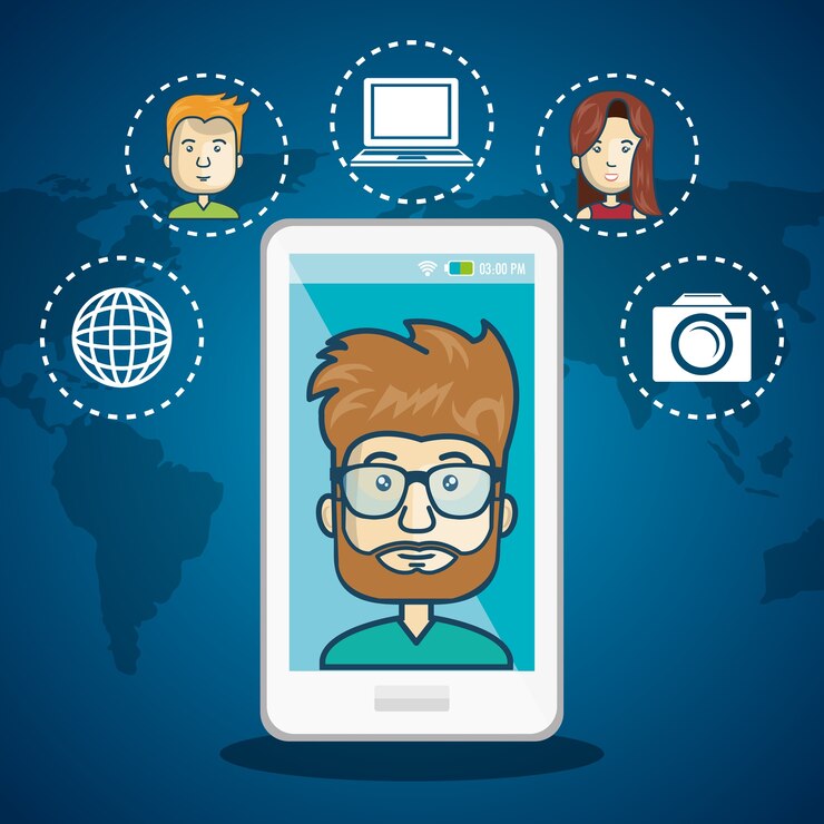 Vector mundo de conexión de internet de hombre de smartphone de dibujos animados