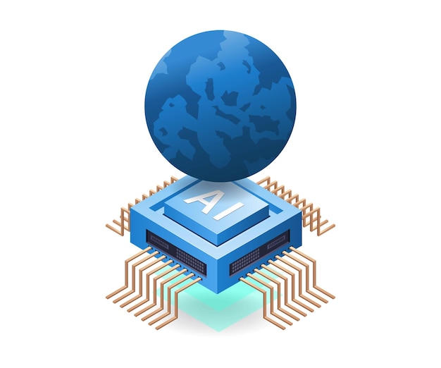 Mundo de la inteligencia artificial infografías de Internet Ilustración 3D isométrica plana