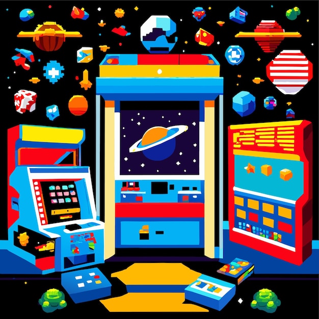 Mundo de juegos de arcade y escena de píxeles