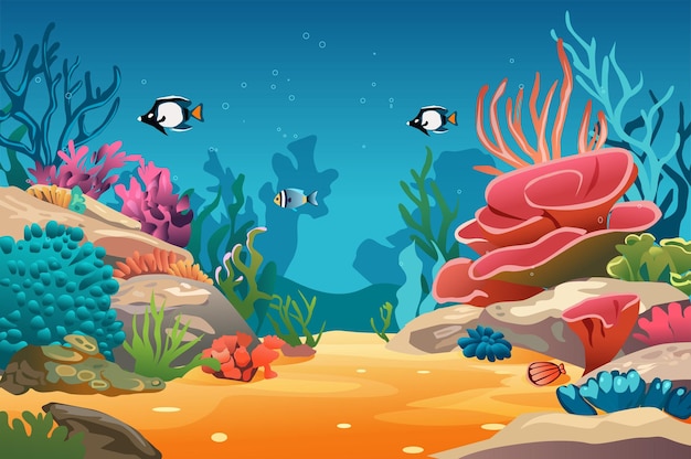 El mundo marino de fondo en el diseño de dibujos animados planos, el encantador mundo marino revela lo intrincado