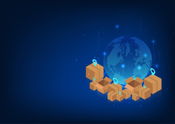 Vector un mundo rodeado de cajas con símbolos gps que muestran