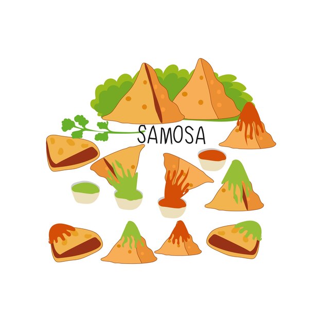 El mundo de las samosas, el día de las samoas, el día del samosa, el vector de la comida callejera india.