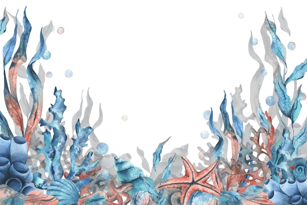 Mundo submarino clipart con animales marinos ballena tortuga pulpo caballo de mar estrellas de mar conchas de coral y