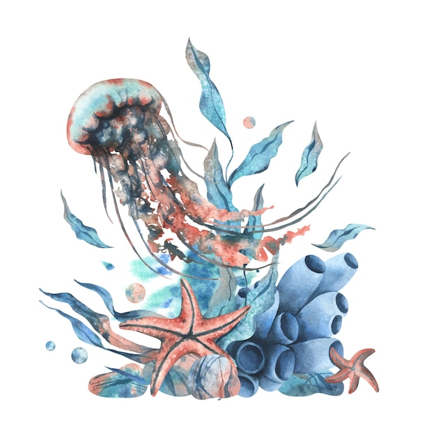 Mundo submarino clipart con animales marinos medusas estrellas de mar guijarros burbujas de coral esponjas y algas